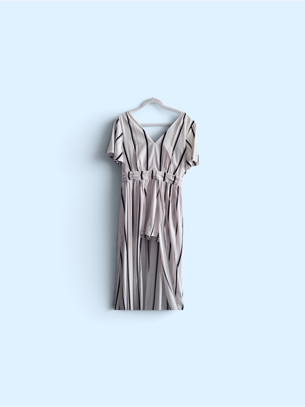Striped V-Neck Romper in Navy/Tan/White